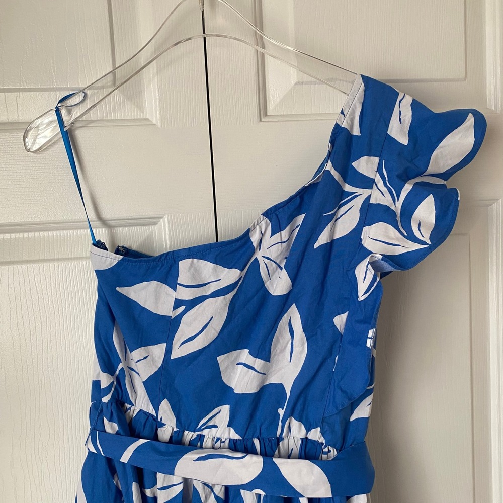 J.Crew One-Shoulder Midi Dress Womens 10 Blue White Floral Ruffle Hawaiian Beach - Picture 9 of 12